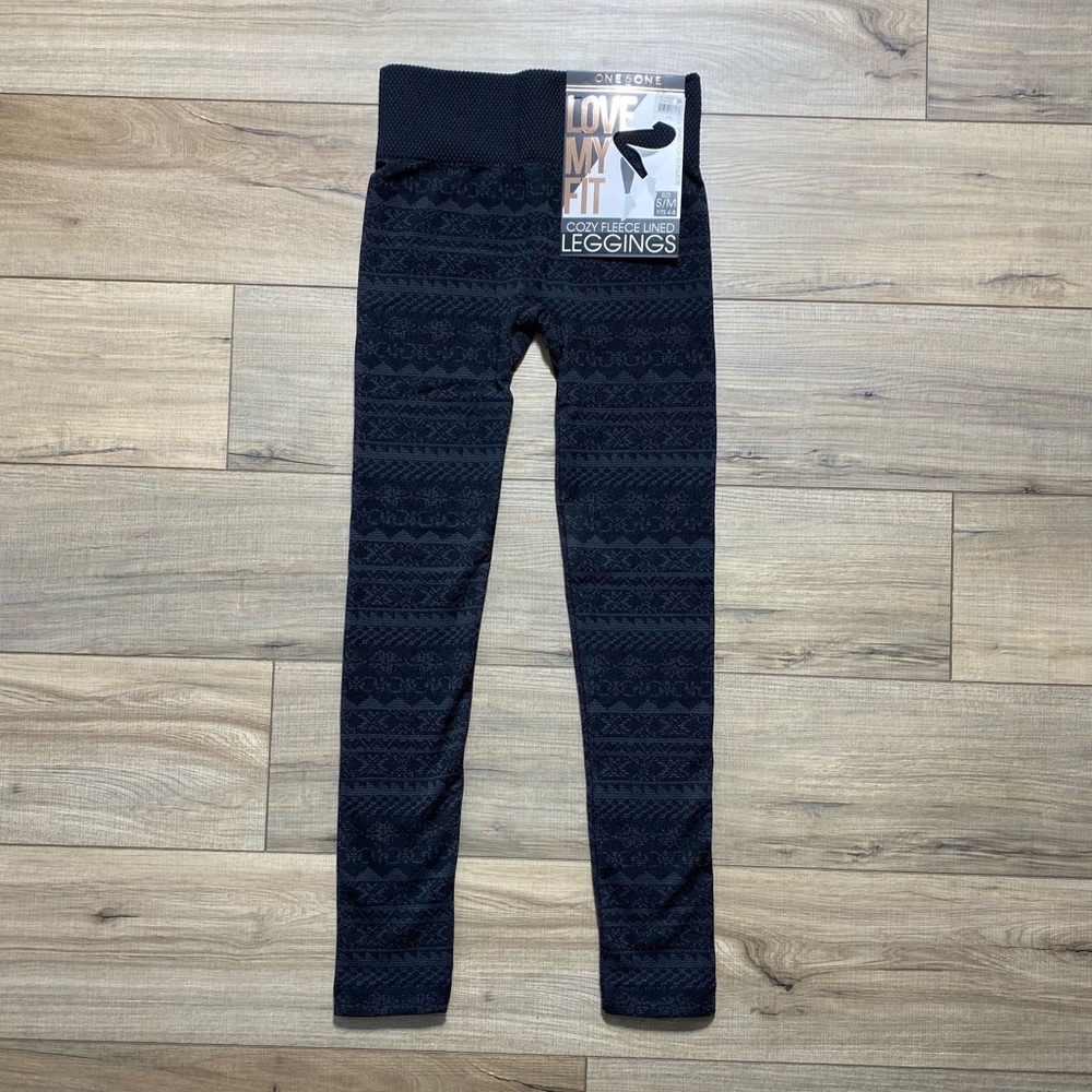 One 5 One Womens Love My Fit Cozy Fleece Lined Printed Legging S/M 4-8 Black